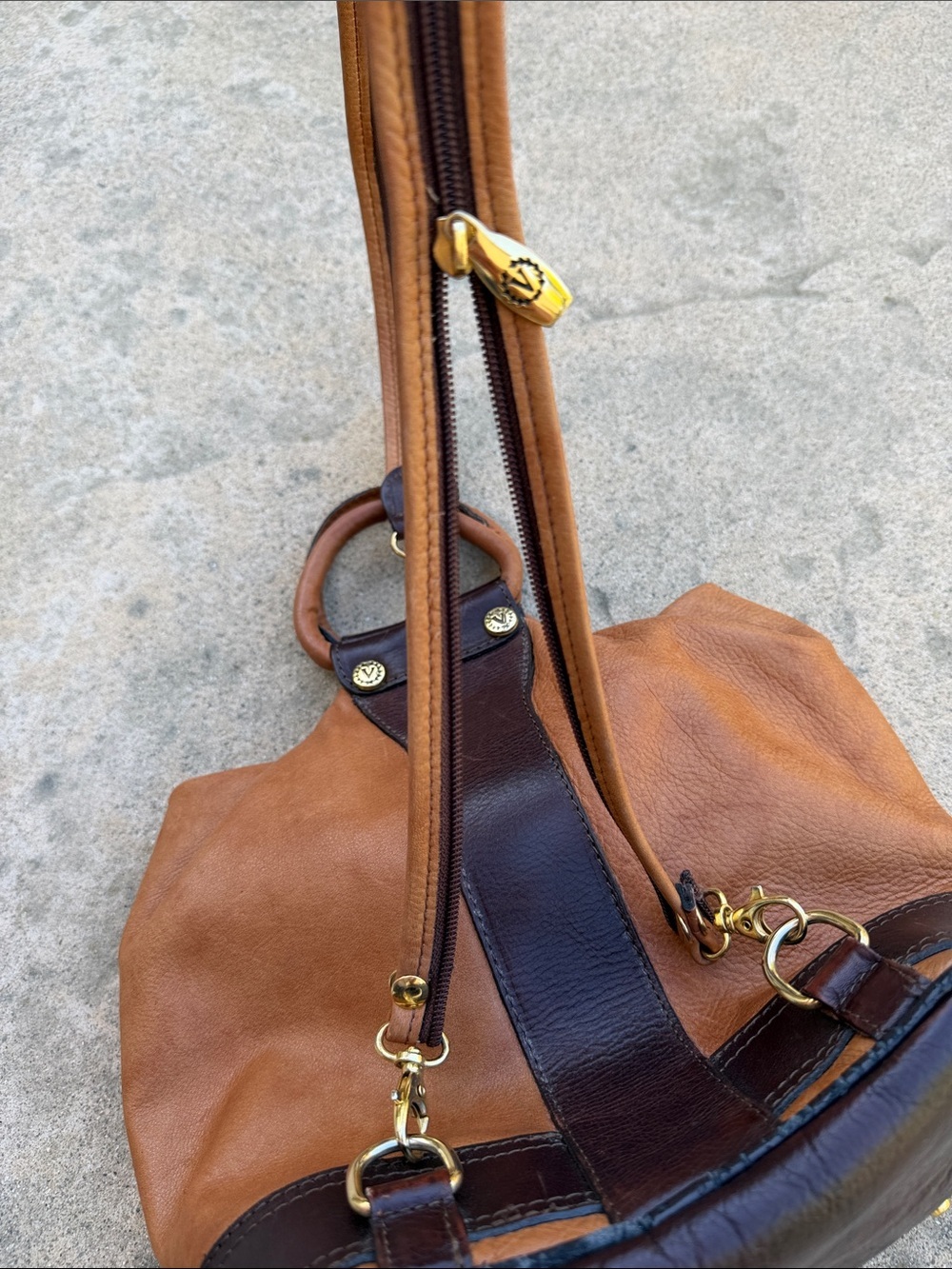 Valentina Cognac Tan & Brown Leather Two Tone Backpack Purse - Picture 11 of 12